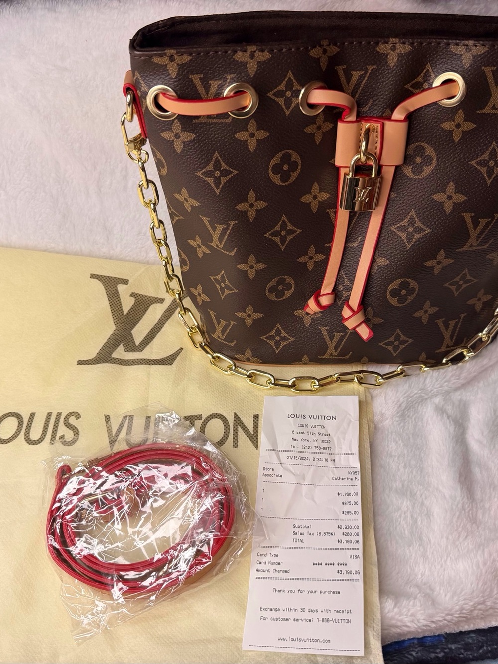 Brown Monogram Small Bucket Bag with Red Trim